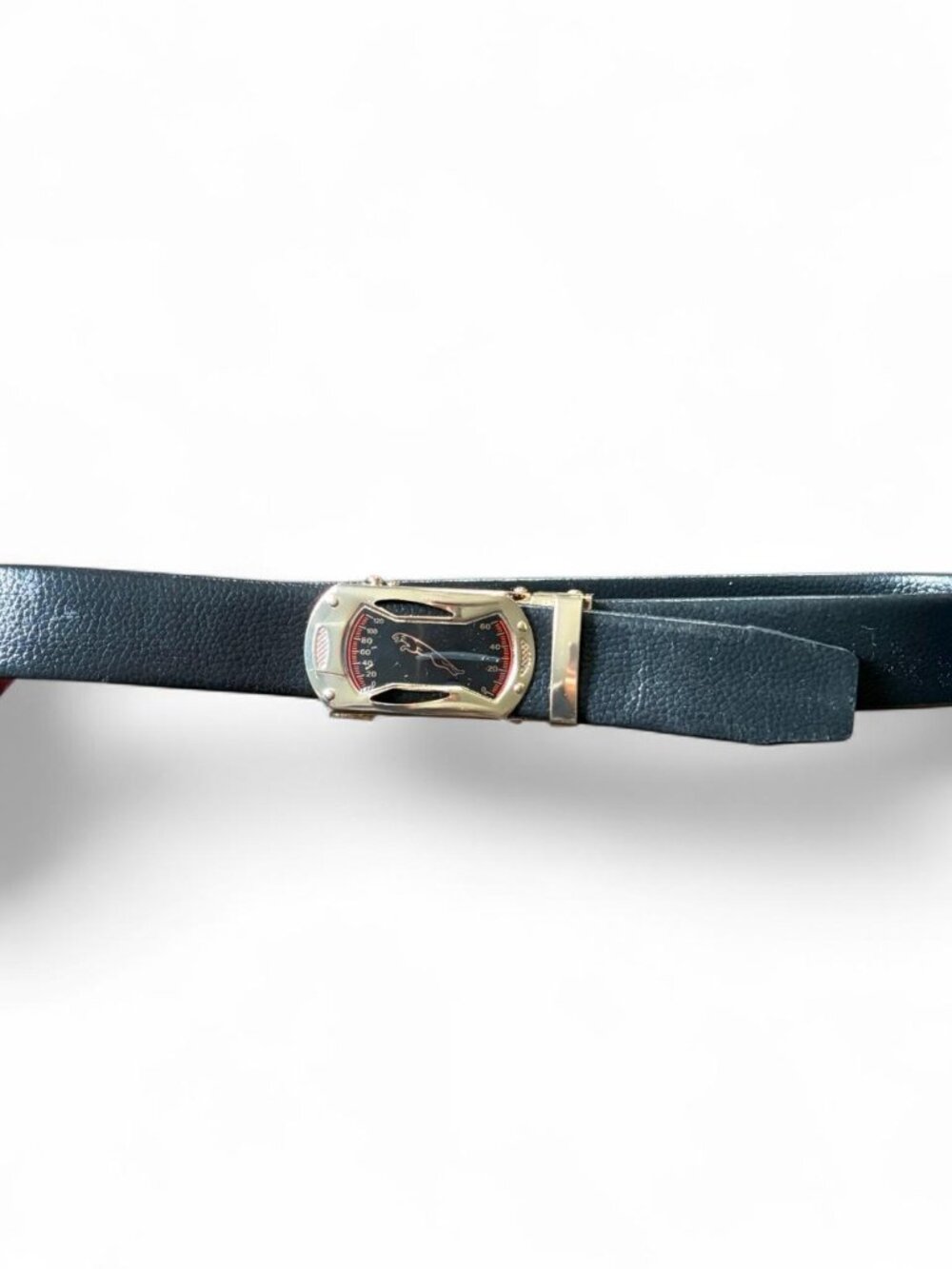 Jaguar black leather belt with gold buckle and speedometer design   Size small